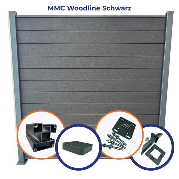 WPC Sichtschutzplatte - MMC WOODLINE SCHWARZ- 6er Set Steckprofil