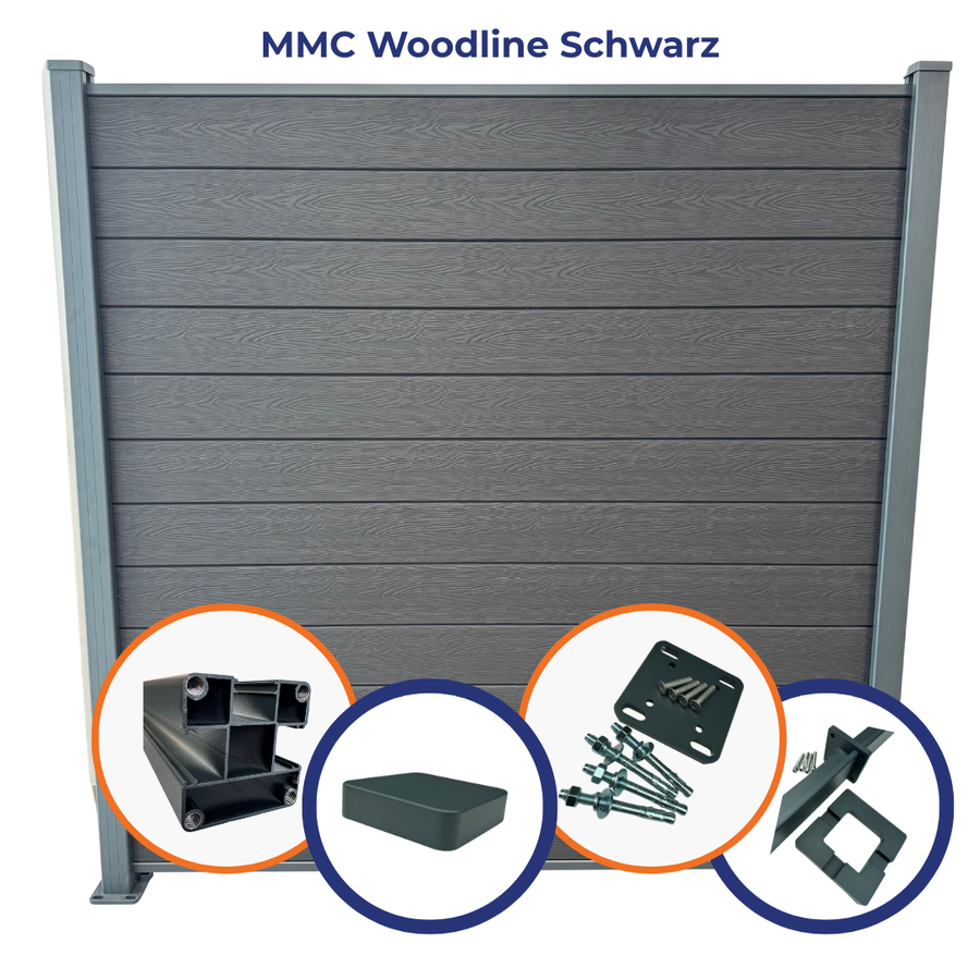 WPC Sichtschutzplatte - MMC WOODLINE SCHWARZ- 6er Set Steckprofil