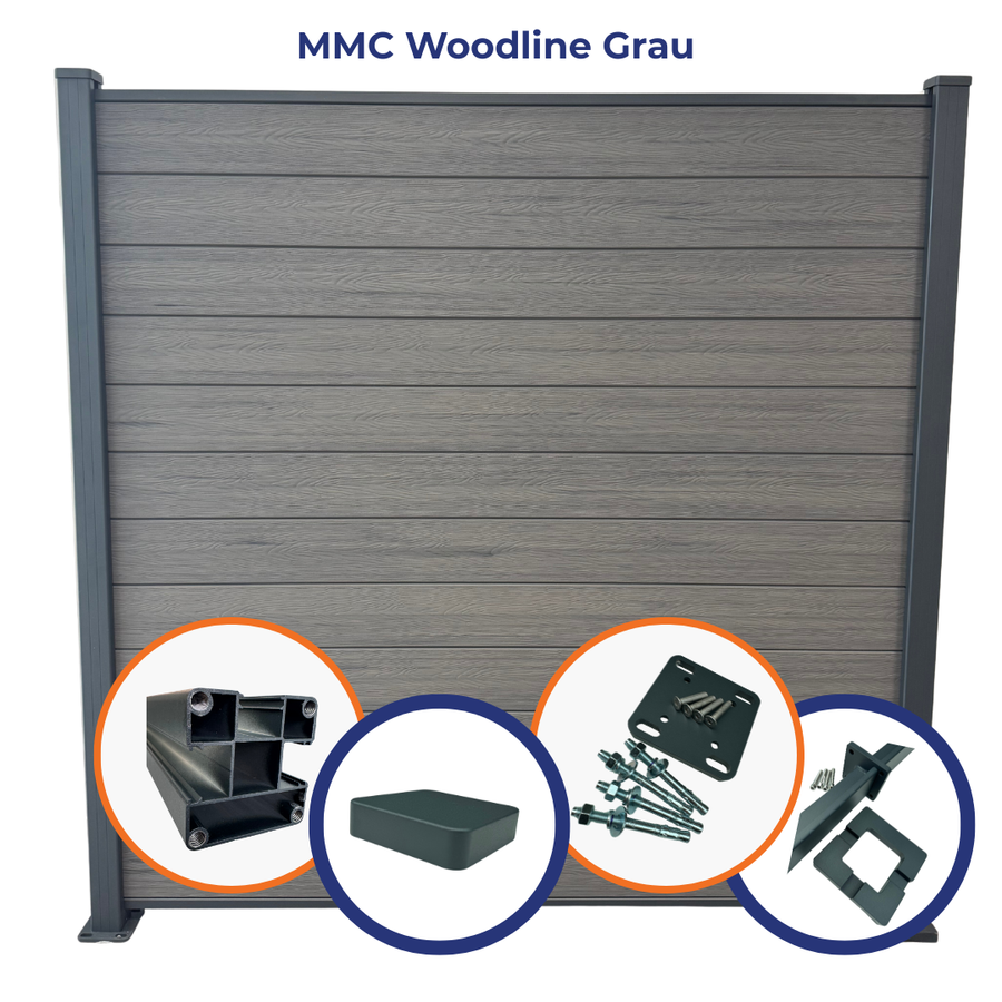 WPC Sichtschutzplatte - MMC WOODLINE GRAU - 6er Set Steckprofil