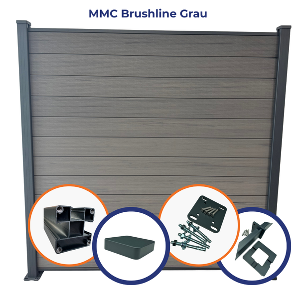 WPC Sichtschutzplatte - MMC BRUSHLINE GRAU - 6er Set Steckprofil